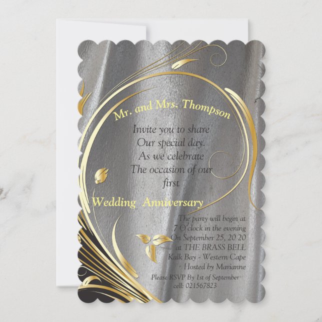 Silver satin  & Gold flower Anniversary Invitation (Front)