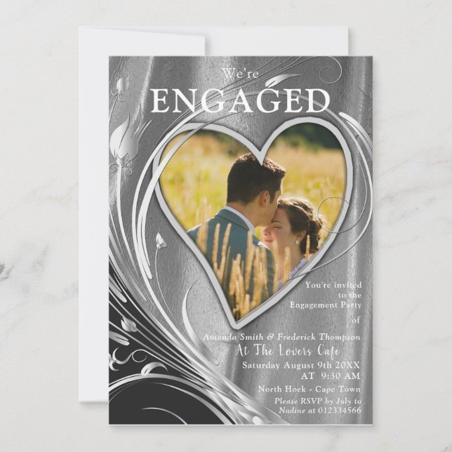 Silver Satin  & Silver flower Engagement Invitation (Front)