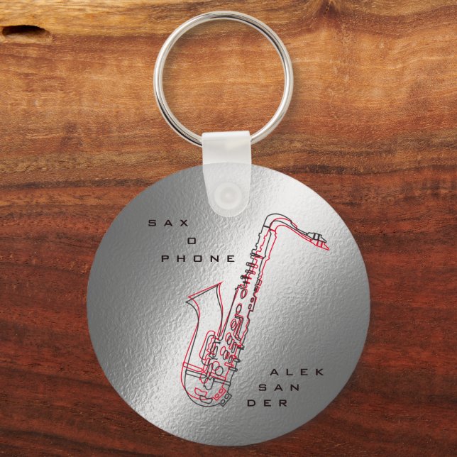 Silver Saxophone Illustration Modern Saxophonist Keychain (Front)