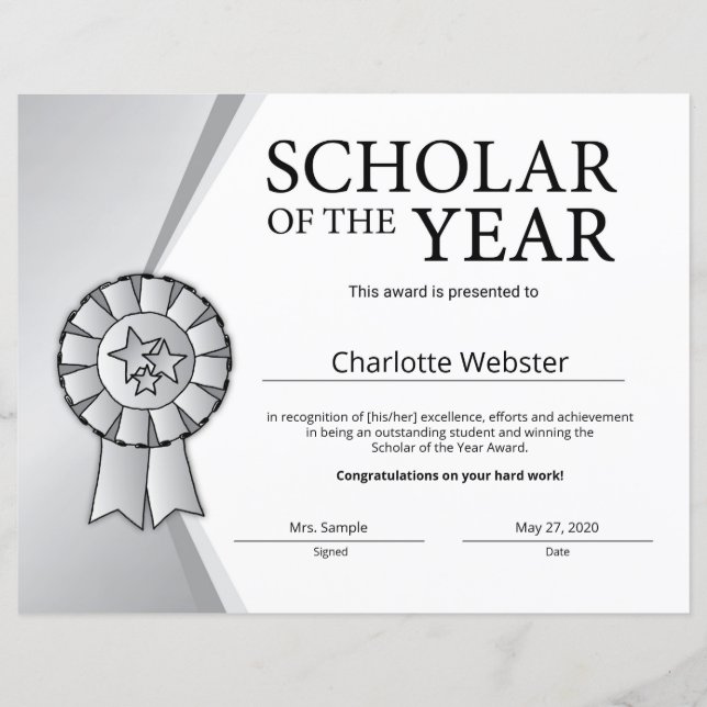 Silver Scholar of the Year Award Honor Certificate (Front)