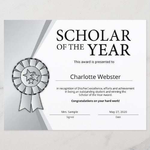 Silver Scholar of the Year Award Honor Certificate