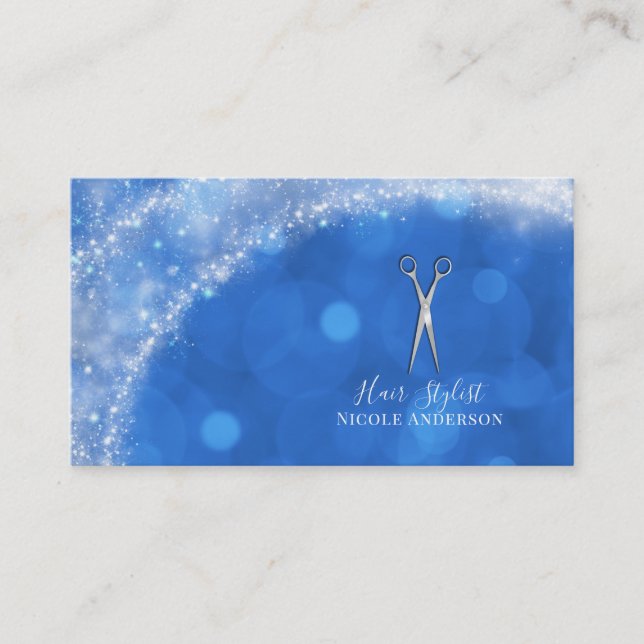 Silver Scissors Fairy Tale Blue Hair Stylist Business Card (Front)