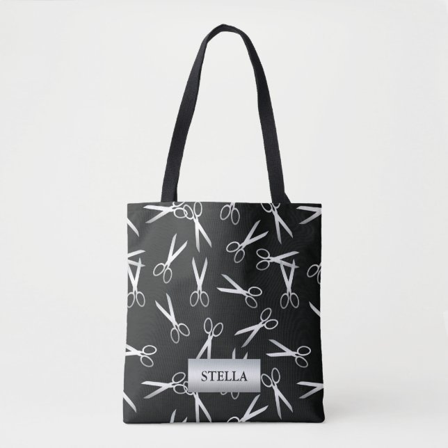 Silver Scissors Pattern | Custom Name Tote Bag (Front)