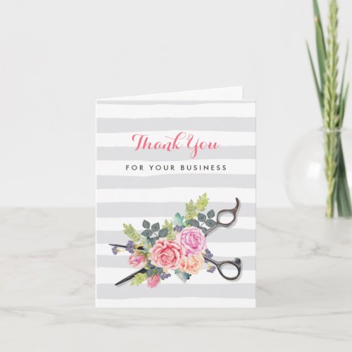 Silver Scissors Stripes Pink Floral Hair Salon Thank You Card