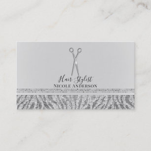Silver Scissors White Grey Zebra Chic Hair Stylist Business Card