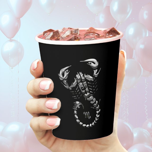 Silver Scorpio Zodiac Sign Astrology Scorpion Paper Cups (silver scorpio scorpion zodiac sign birthday paper cup with black background)