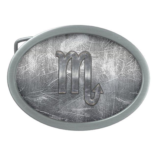 Silver Scorpio Zodiac Sign Distressed Metal Style Oval Belt Buckle (Front)