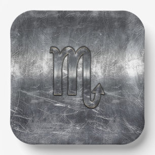 Silver Scorpio Zodiac Sign Distressed Metal Style Paper Plates