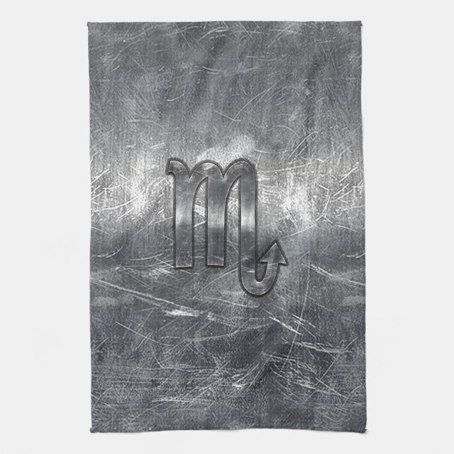 Silver Scorpio Zodiac Sign Distressed Metal Style Towel (Vertical)