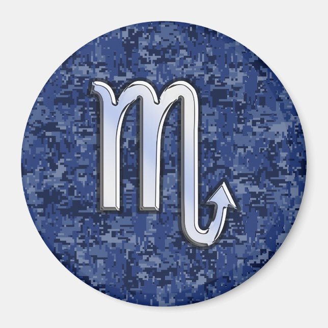Silver Scorpio Zodiac Sign on Navy Blue Camo Magnet (Front)