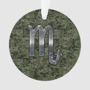 Silver Scorpio Zodiac Sign Woodland Digital Camo Ornament