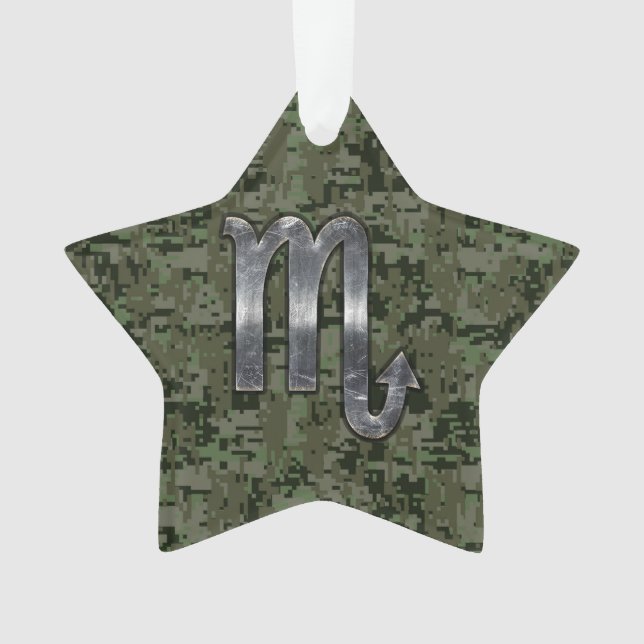 Silver Scorpio Zodiac Sign Woodland Digital Camo Ornament (Front)