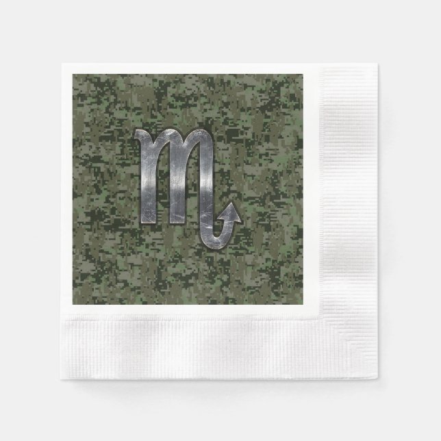 Silver Scorpio Zodiac Sign Woodland Digital Camo Paper Napkins (Front)