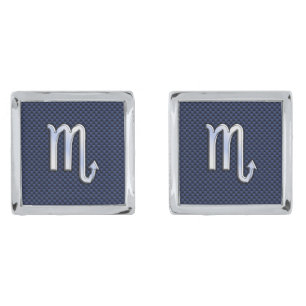 Silver Scorpio Zodiac Symbol Navy Carbon Fiber Cufflinks