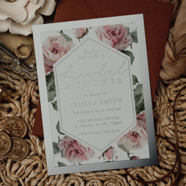 Silver Script Blush Floral Frame Bridal Shower Foil Invitation (Creator Uploaded)