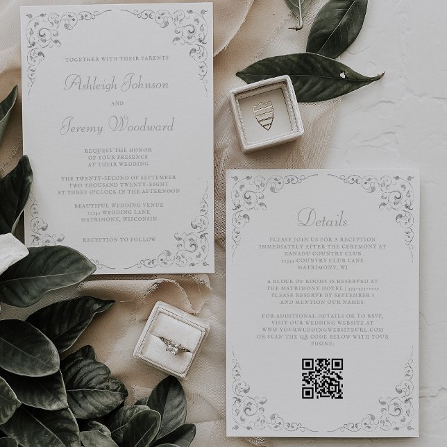 Silver Script Botanical Frame QR Code Wedding Invitation (Creator Uploaded)