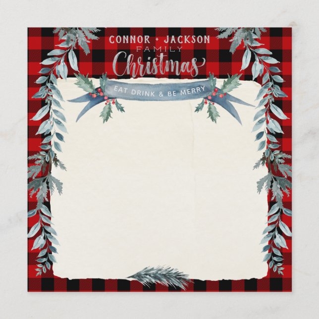 Silver Script Buffalo Plaid Blank Christmas Dinner Menu (Front)