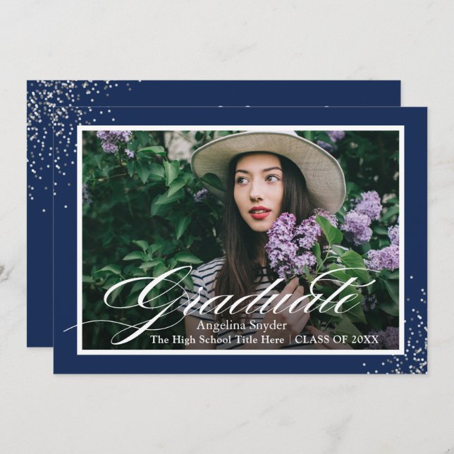 Silver Script Glitter Navy Blue Photo Graduation Invitation (Front/Back)