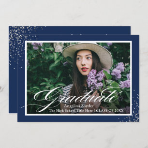 Silver Script Glitter Navy Blue Photo Graduation Invitation