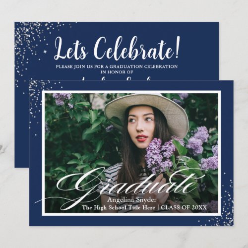 Silver Script Glitter Navy Blue Photo Graduation Card