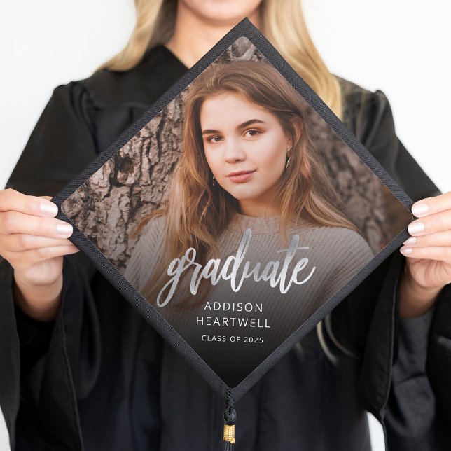 Silver Script Graduate Custom Photo Class of 2025 Graduation Cap Topper (Creator Uploaded)