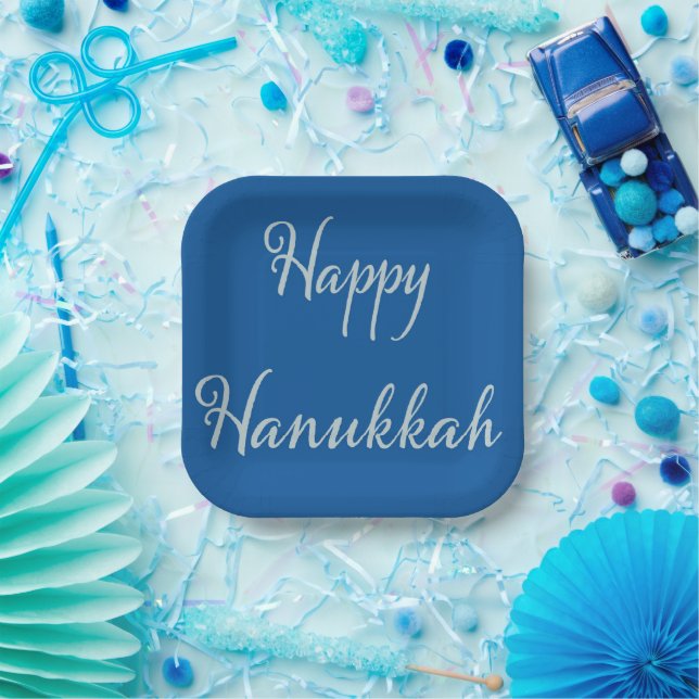 Silver Script Happy Hanukkah Tekhelet Blue Paper Plates (Party)