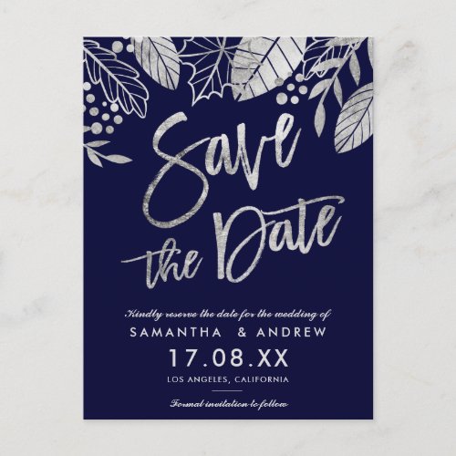 Silver script leaves fall navy save the date announcement postcard