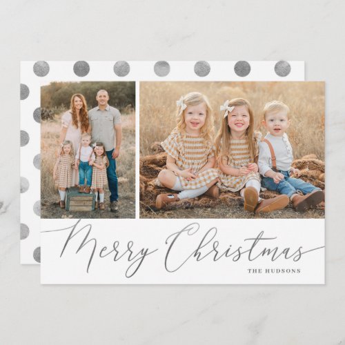 Silver Script Merry Christmas Elegant 2 Photo Holiday Card