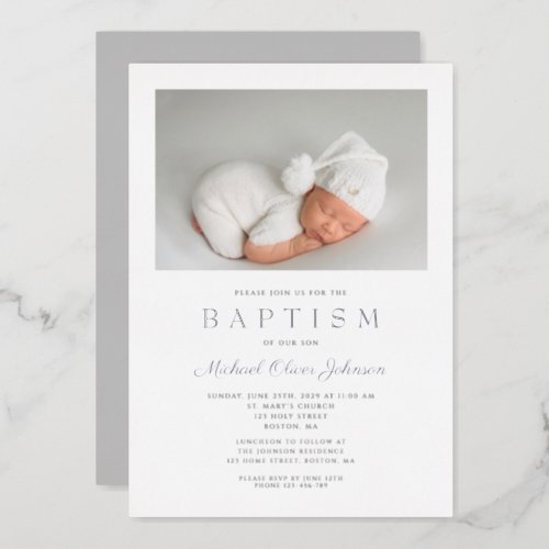 Silver Script Modern Gray Photo Boy Baptism Foil Invitation