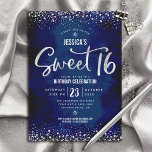 Silver Script Navy Watercolor Sweet 16 Birthday Invitation<br><div class="desc">“Happy Sweet 16”. Send out this dramatic, stunning, simple, festive, modern, personalized party invitation for an event to remember. Sparkly silver faux foil typography script and tiny confetti glitter dots overlay a sophisticated deep royal blue watercolor background. Personalize the custom text with your daughter’s name as well as other party...</div>