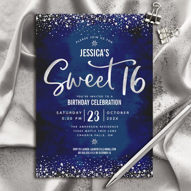 Silver Script Navy Watercolor Sweet 16 Birthday Invitation (Creator Uploaded)