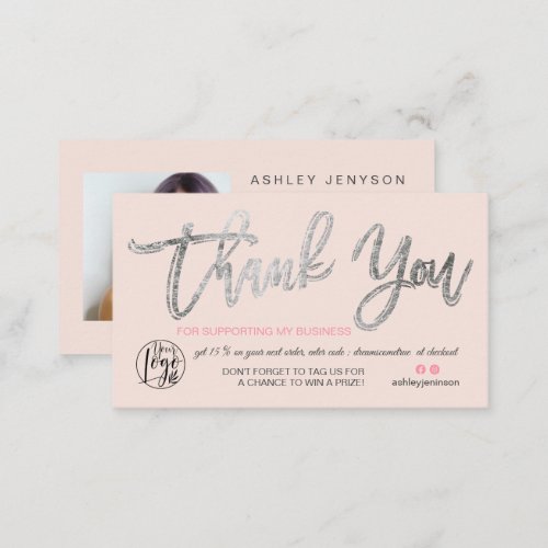 Silver script photo logo pink order thank you business card