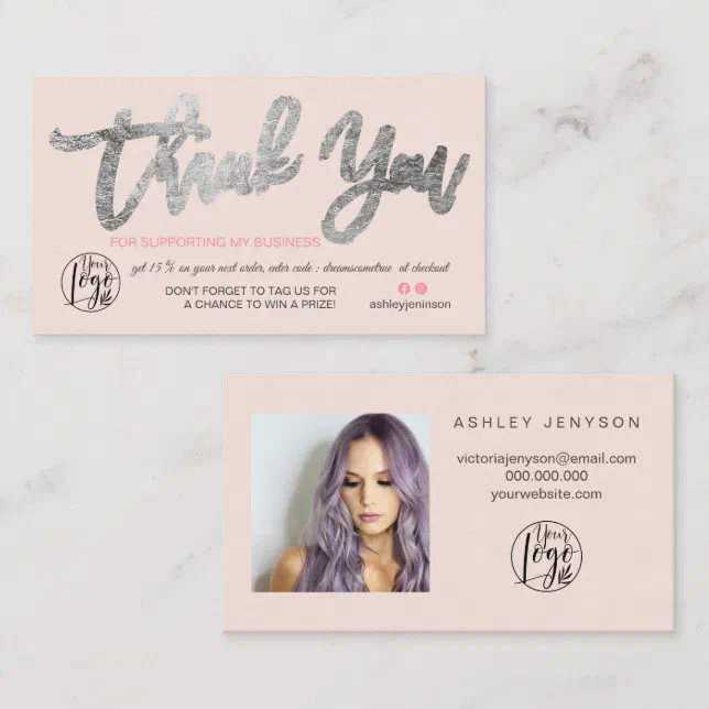 Silver script photo logo pink order thank you business card | Zazzle