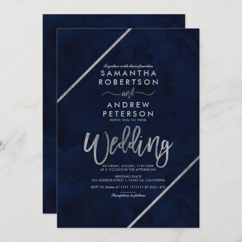 Silver script stripes navy blue watercolor wedding invitation