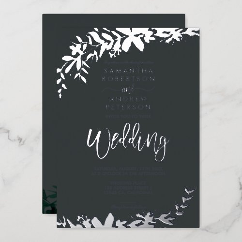 Silver script typography Floral gray wedding Foil Invitation