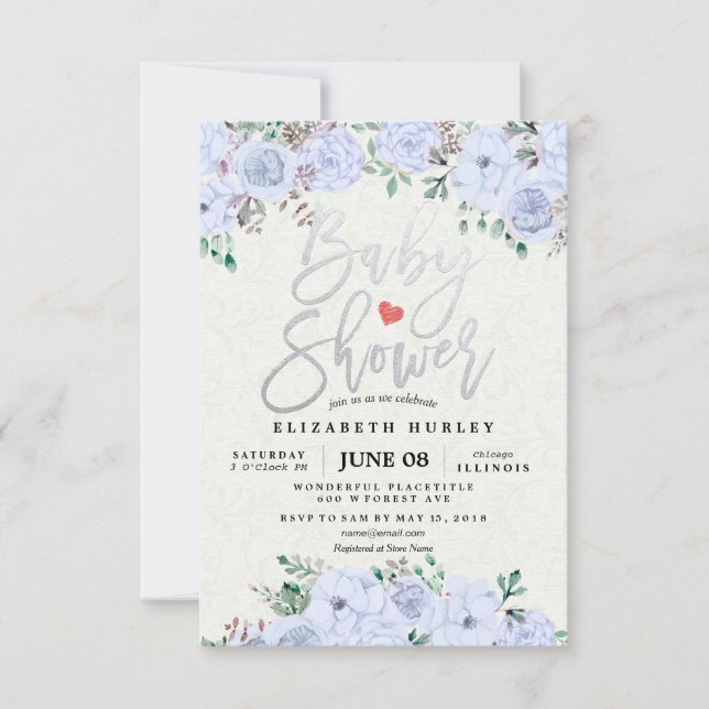 Silver Script Watercolor Floral Baby Shower Invite (Front)