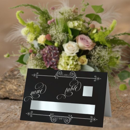 Silver Scroll Border & Calligraphy - Black Place Card