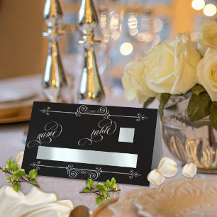 Silver Scroll Border & Calligraphy - Black Place Card
