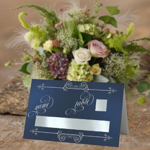Silver Scroll Border & Calligraphy - Blue Place Card