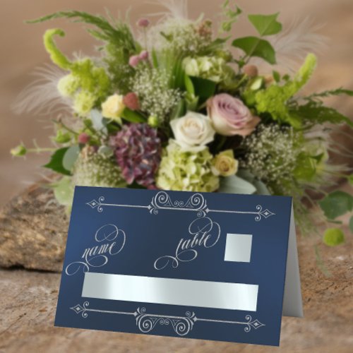 Silver Scroll Border & Calligraphy - Blue Place Card