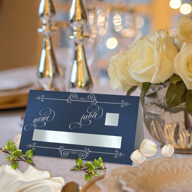 Silver Scroll Border & Calligraphy - Blue Place Card (Creator Uploaded)