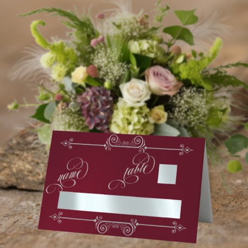 Silver Scroll Border & Calligraphy - Burgundy Place Card