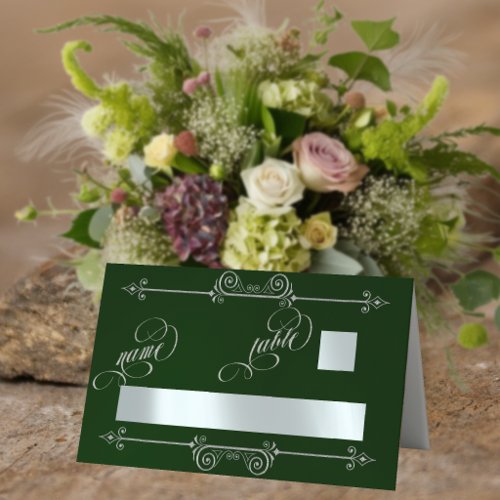 Silver Scroll Border & Calligraphy - Emerald Place Card