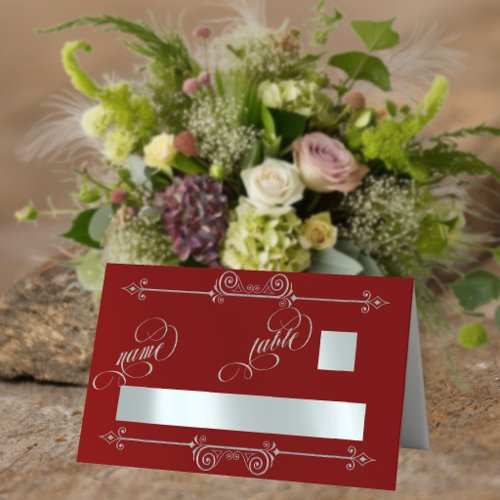 Silver Scroll Border & Calligraphy - Red Place Card
