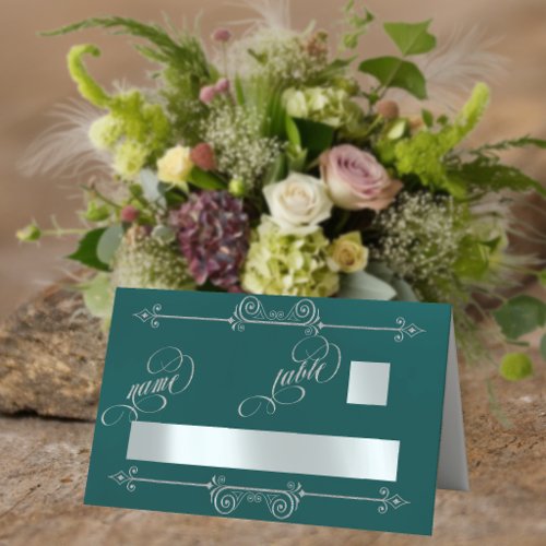 Silver Scroll Border & Calligraphy - Teal Place Card