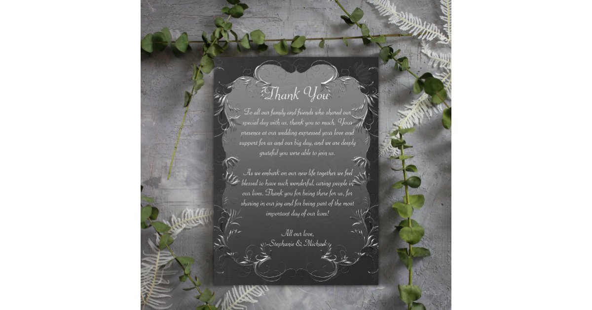 Silver Scrolls Vintage Gray Wedding Thank You Card | Zazzle