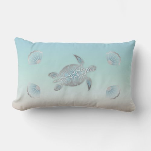 Silver Sea Turtle  Beach Style Coastal Turquoise  Lumbar Pillow
