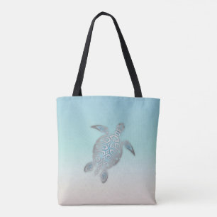 Silver Sea Turtle  Beach Style Turquoise Coastal Tote Bag