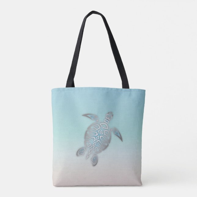 Silver Sea Turtle  Beach Style Turquoise Coastal Tote Bag (Back)