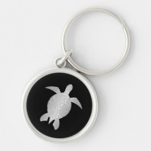 Silver Sea Turtle Black Background Keychain